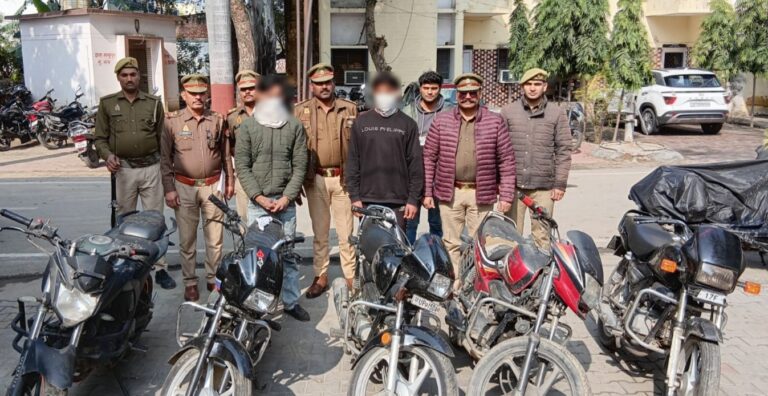थाना मंसूरपुर पुलिस द्वारा 2 शातिर अन्तर्जनपदीय वाहन चोर अभियुक्तगण गिरफ्तार, कब्जे/निशांदेही से अवैध शस्त्र तथा 5 मोटरसाईकिल बरामद