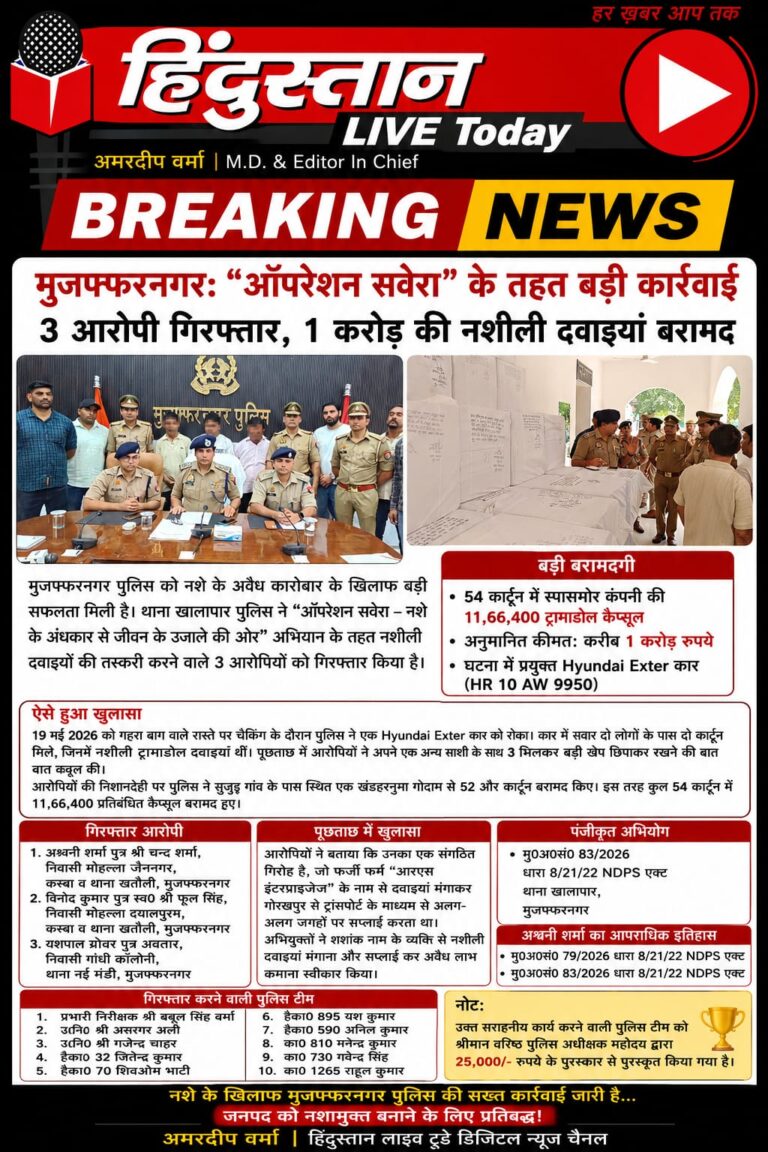 मुजफ्फरनगर: “ऑपरेशन सवेरा” के तहत बड़ी कार्रवाई, 1 करोड़ की नशीली दवाइयां बरामद